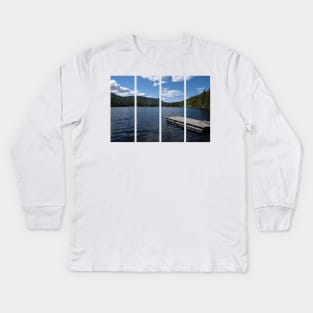 Pad on a wooden floating platform. Metal ladder to get out of the water of a beautiful fjord in Norway. Rippled sea. Sunny spring day. No people Kids Long Sleeve T-Shirt